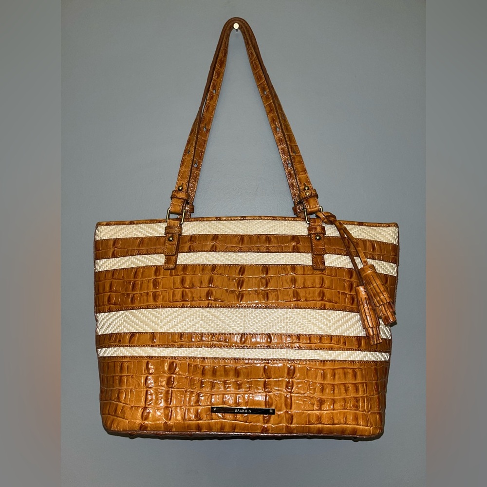 Brahmin Asher Whiskey Stripe Raffia Tan and Cream Croc-Embossed Tote